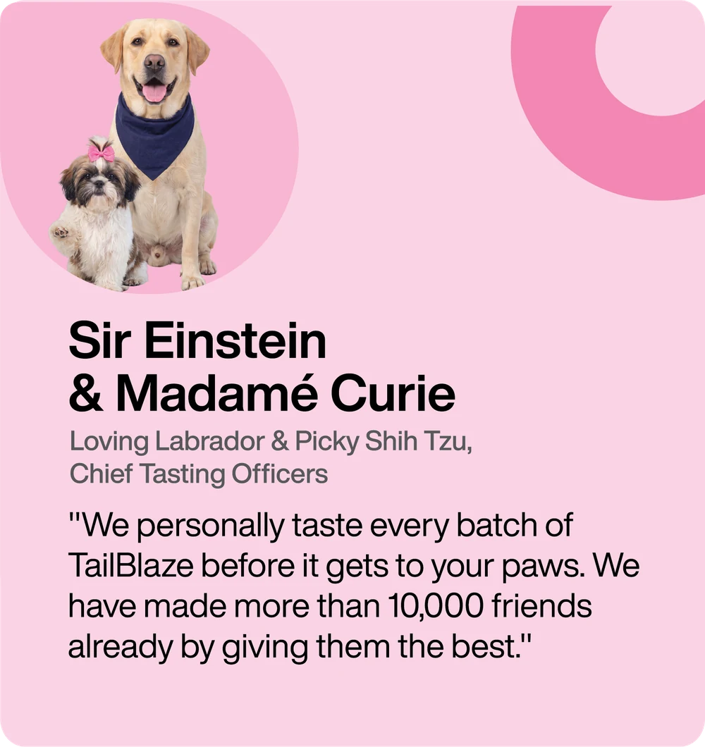 Sir Einstein & Madamé Curie, Chief Tasting Officers — “We personally taste every batch of TailBlaze before it gets to your paws.”
