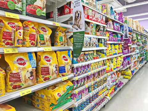 Dog food products on shelf